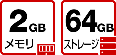 メモリ2GB/ストレージ64GB搭載